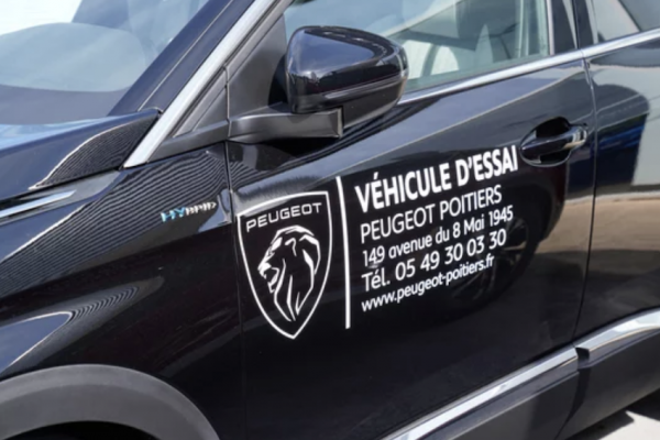 Logo et texte Peugeot appliqués sur une portière de véhicule noir - format 80 x 40 cm