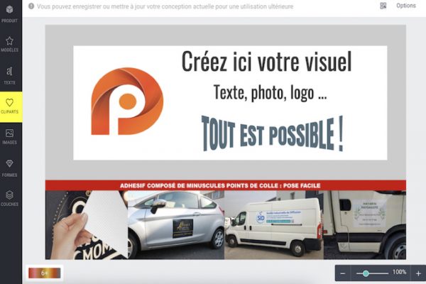 Démonstration graphique personnalisée d'une composition avec l'outil de création en ligne Pub-adhesif