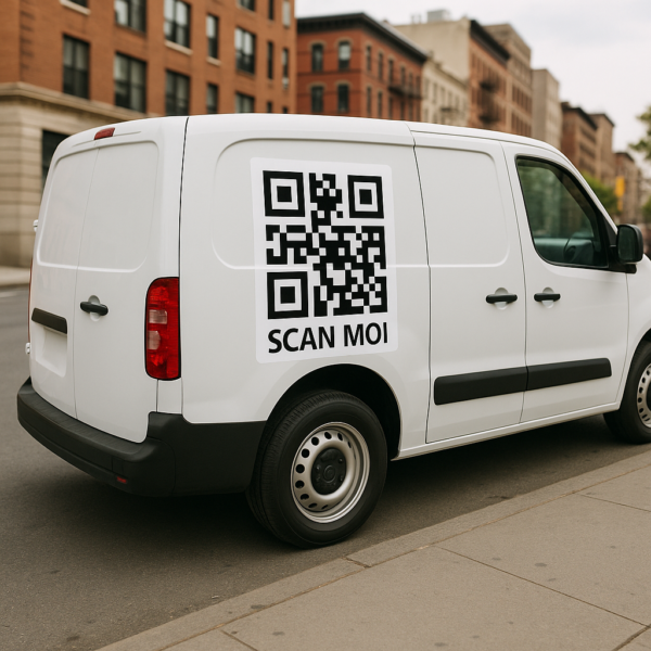 Voiture utilitaire en ville ayant comme sticker un QR code avec écrit SCAN MOI